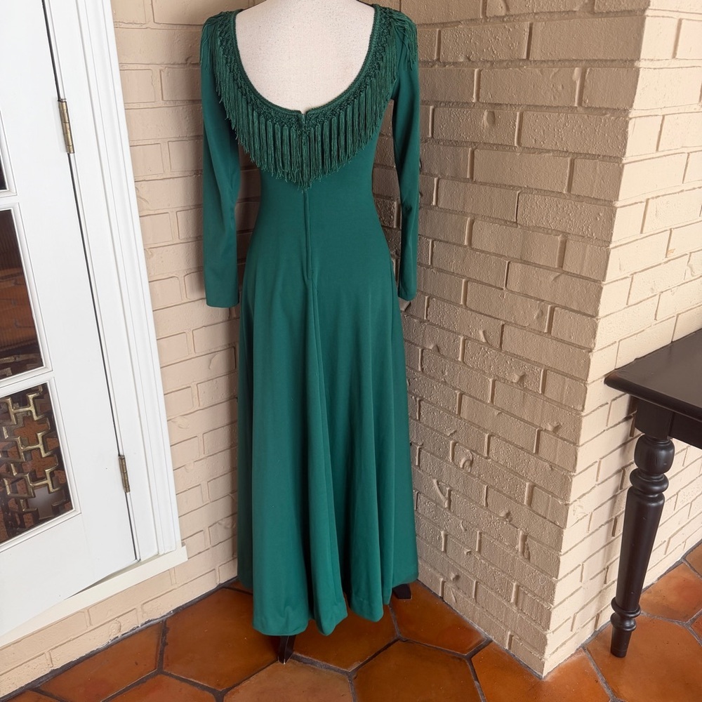 Vintage 70s Disco Soul Train Studio 54 Maxi Dress Green Fringe Cocktail Party 8 - Picture 4 of 8
